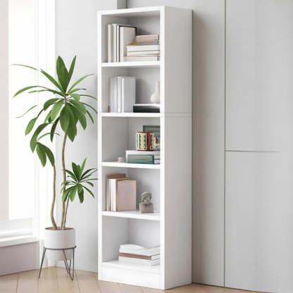 Simple Open-Drawer Narrow White Bookcase — Warm White