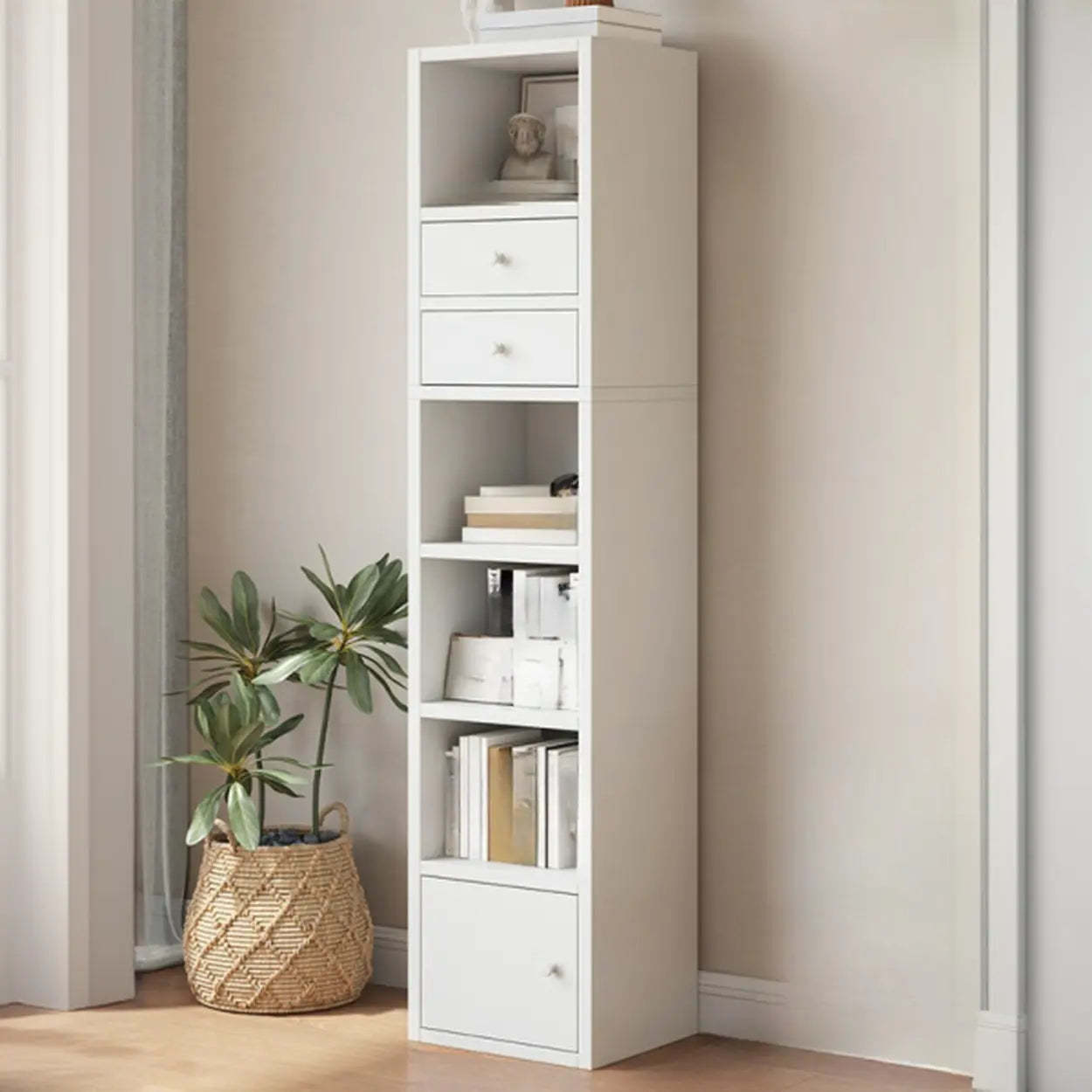 Simple Open-Drawer Narrow White Bookcase — Warm White