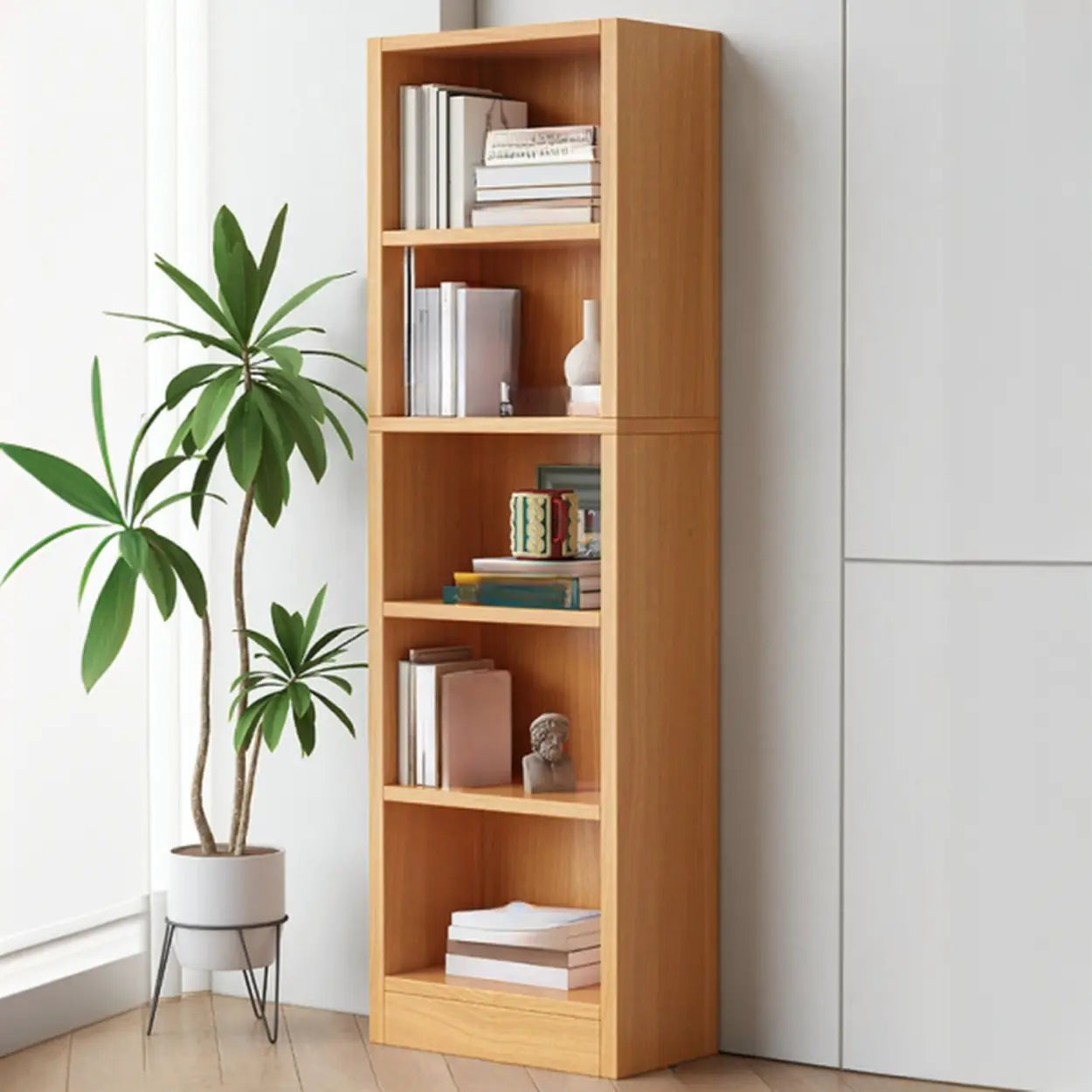 Simple Open-Drawer Narrow White Bookcase — Nut-Brown