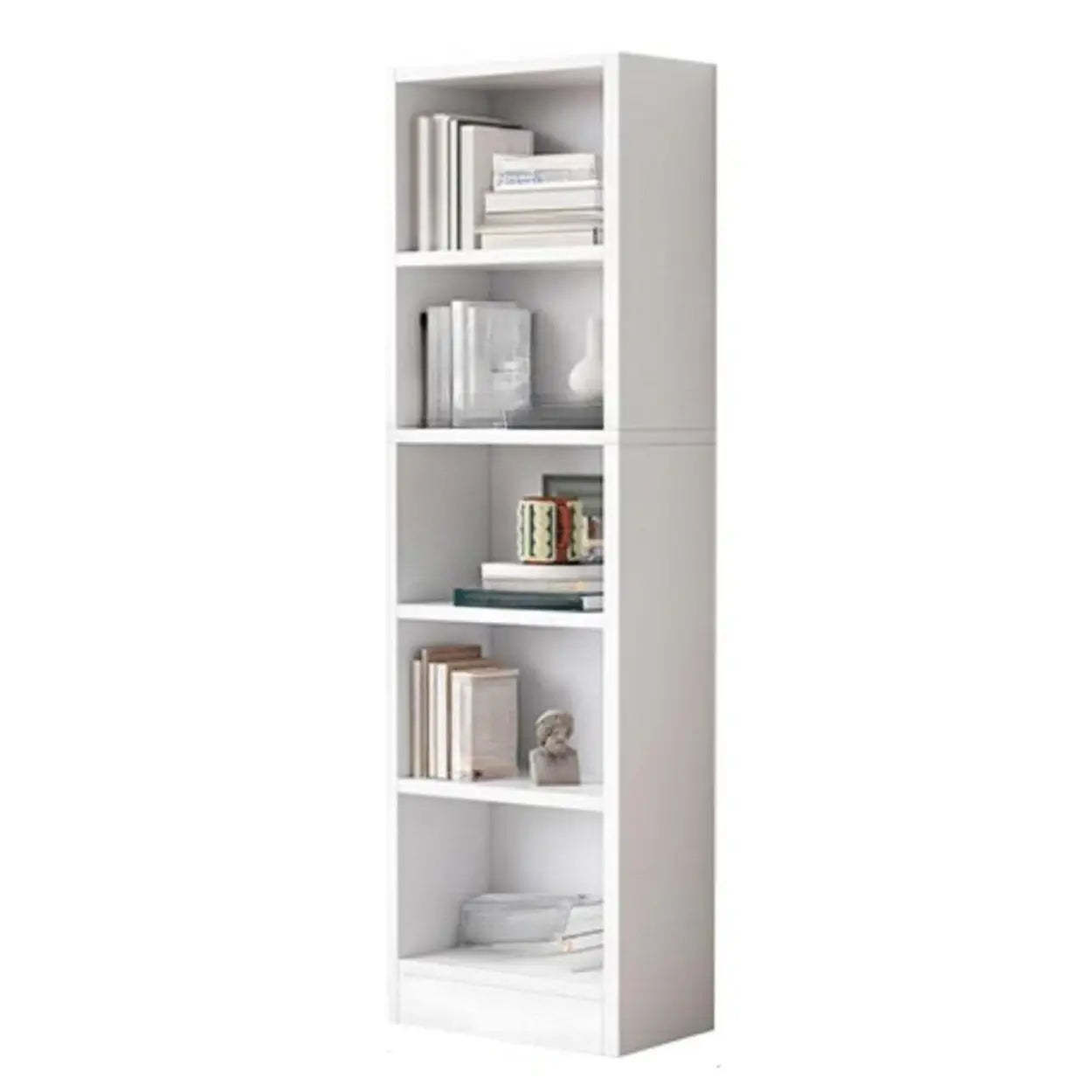 Simple Open-Drawer Narrow White Bookcase — Nut-Brown