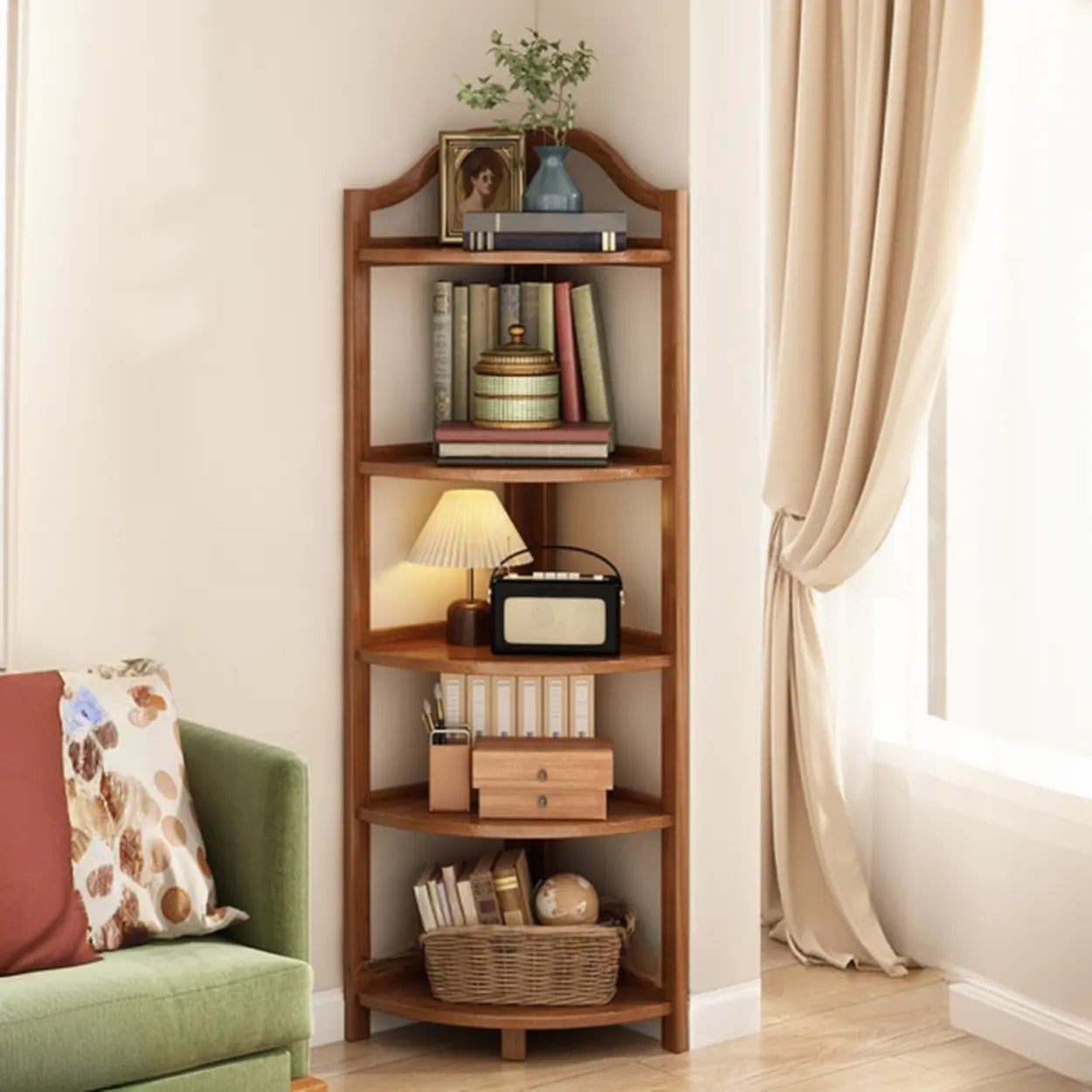 Natural Wood Corner Bookshelf — Red
