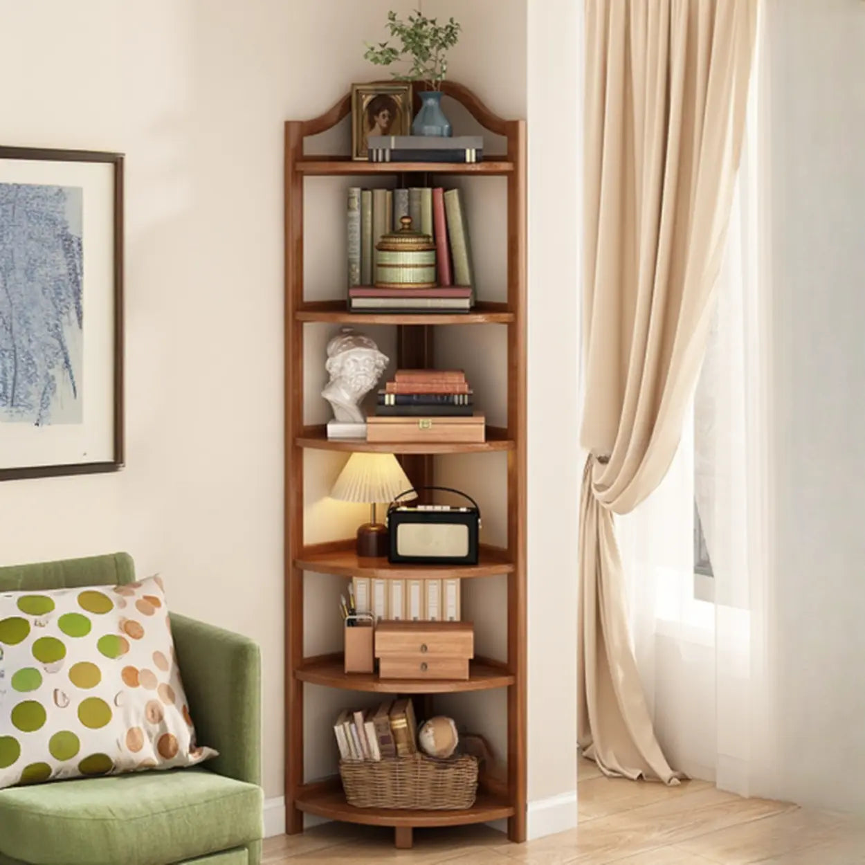 Natural Wood Corner Bookshelf — Red
