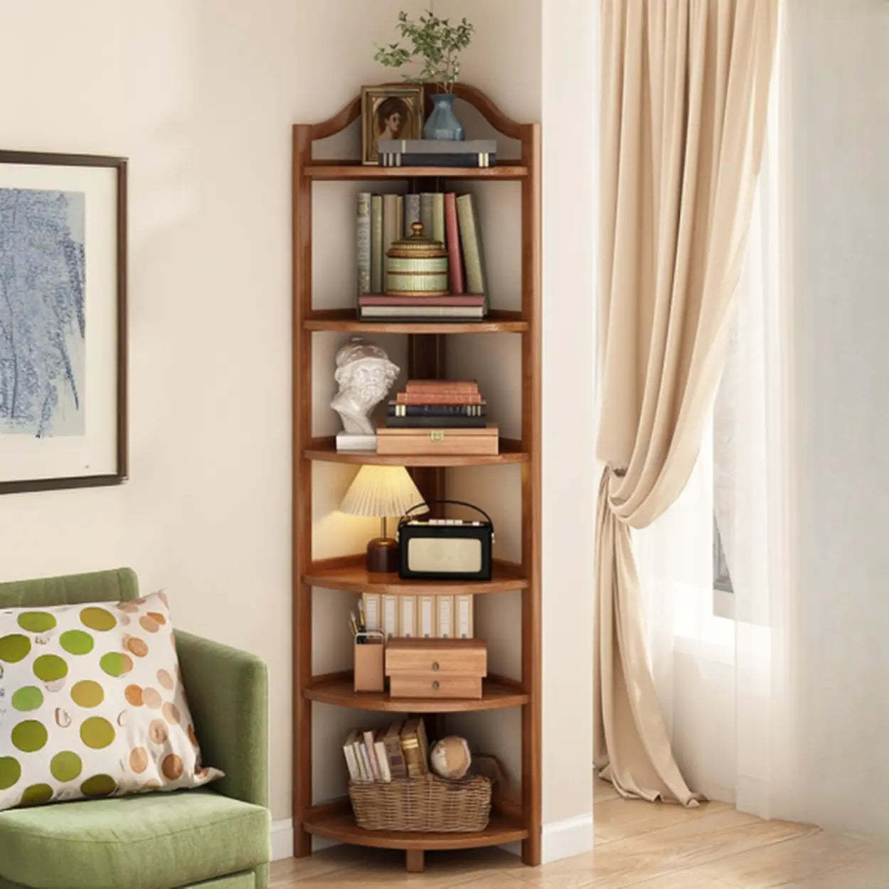 Natural Wood Corner Bookshelf — Red