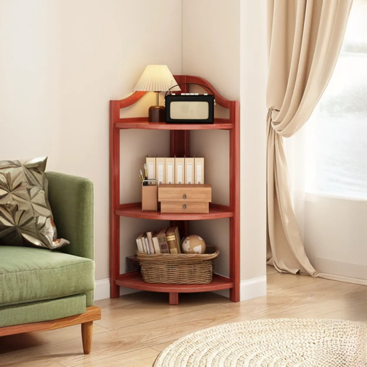 Natural Wood Corner Bookshelf — Red