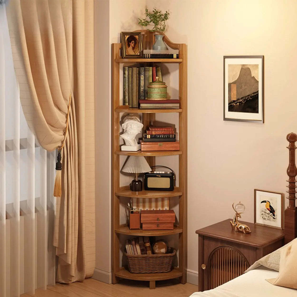 Natural Wood Corner Bookshelf — Brown