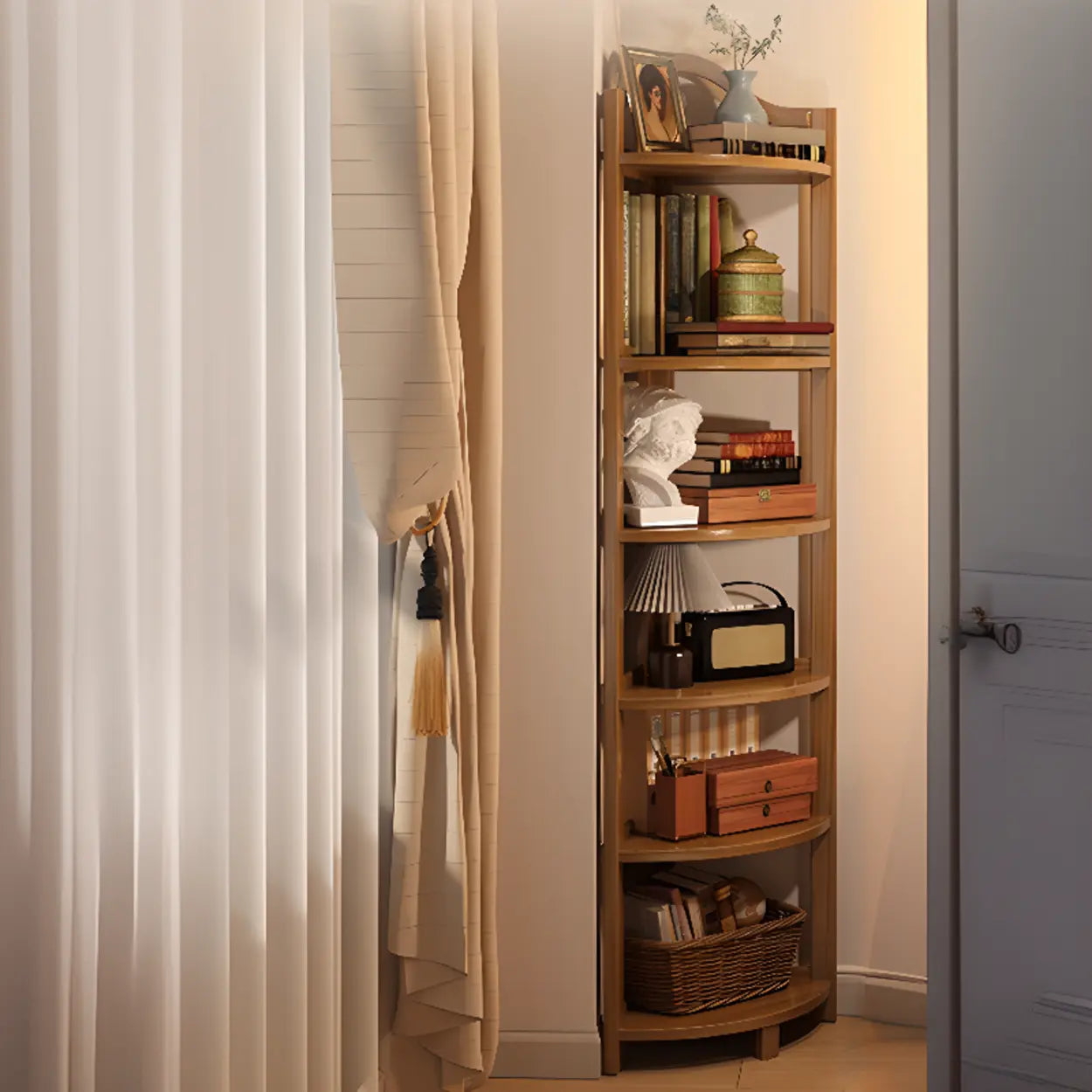 Natural Wood Corner Bookshelf — Brown