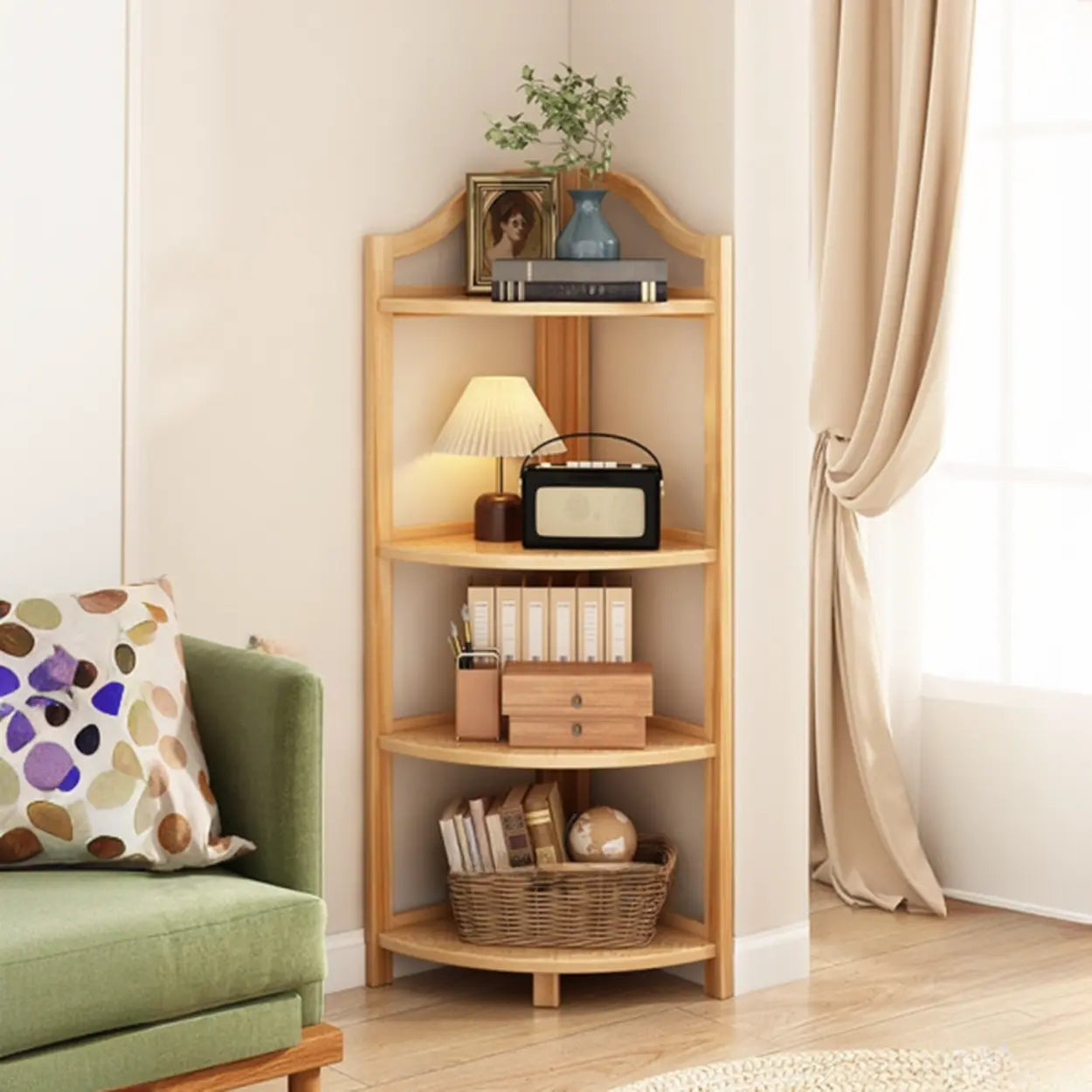 Natural Wood Corner Bookshelf — Brown