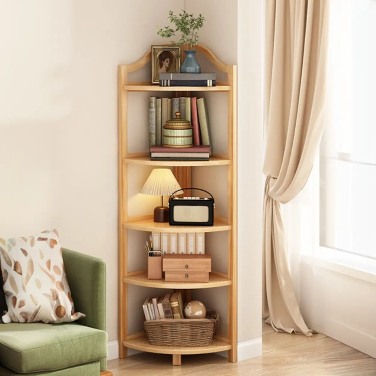 Natural Wood Corner Bookshelf — Natural Finish