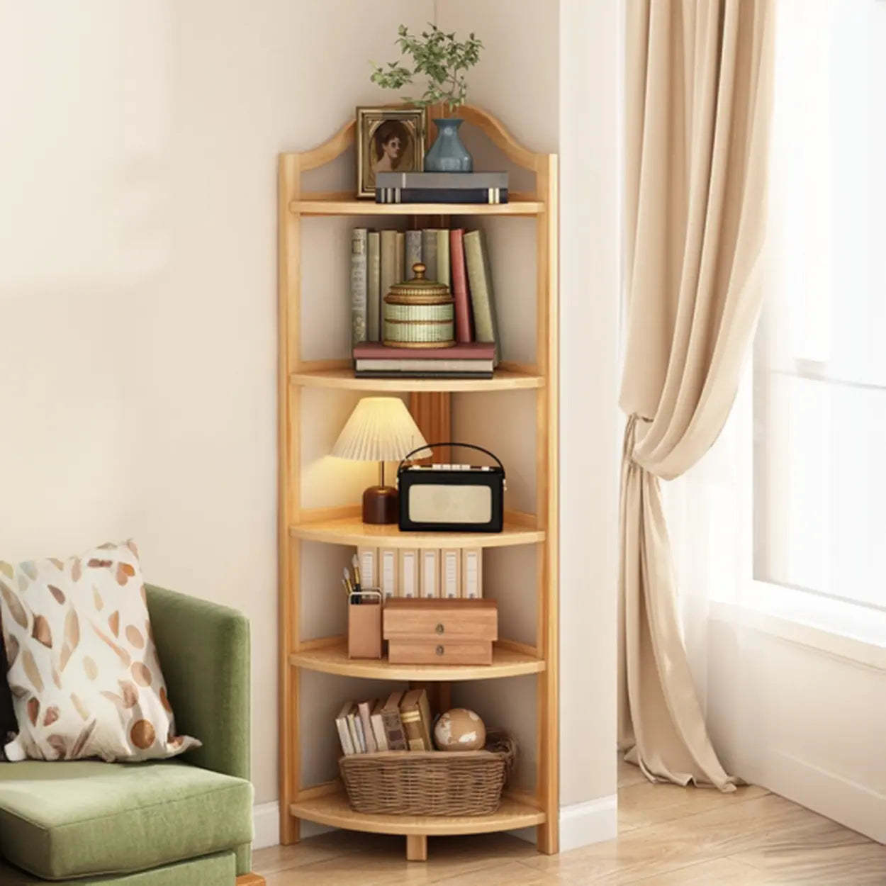 Natural Wood Corner Bookshelf — Natural Finish