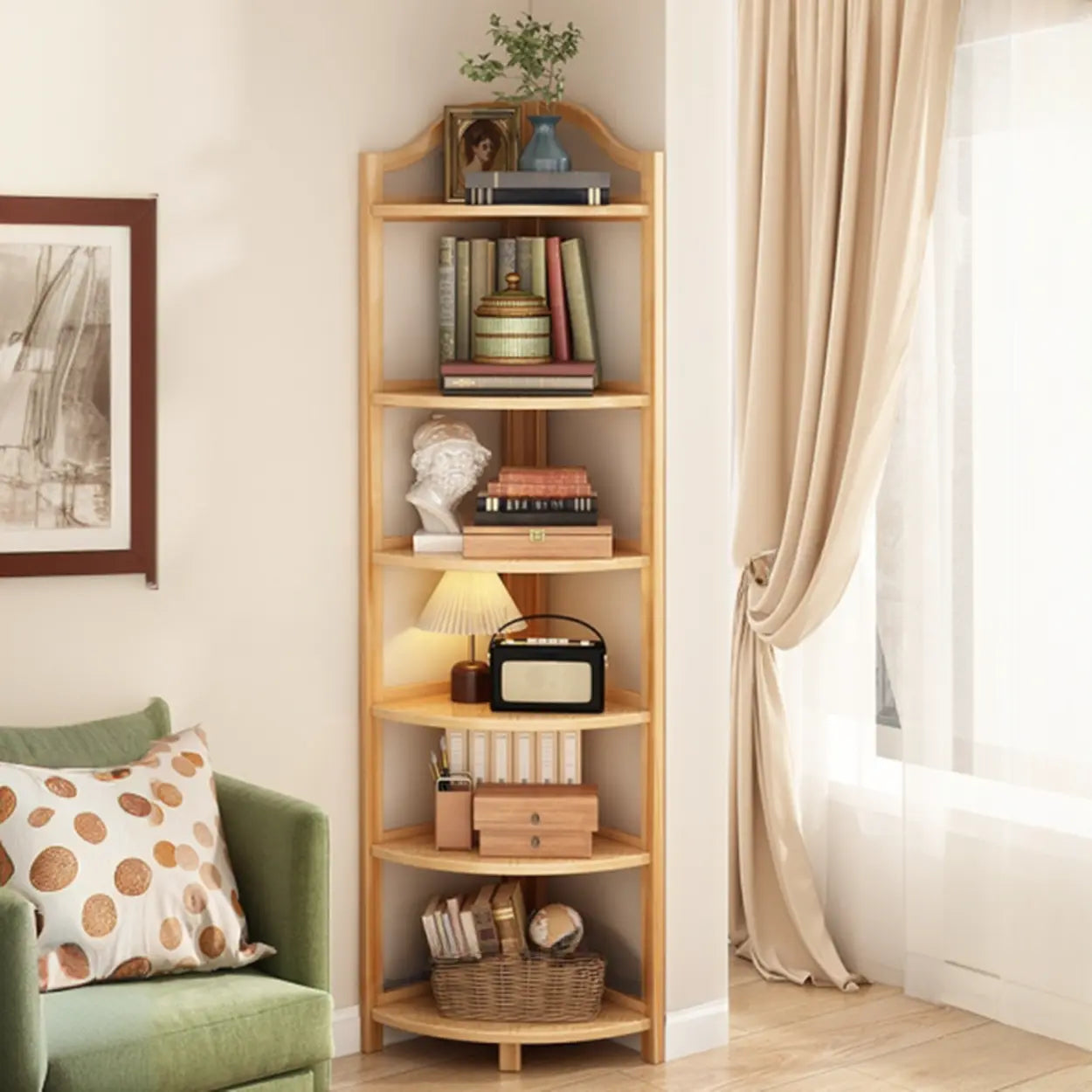 Natural Wood Corner Bookshelf — Natural Finish