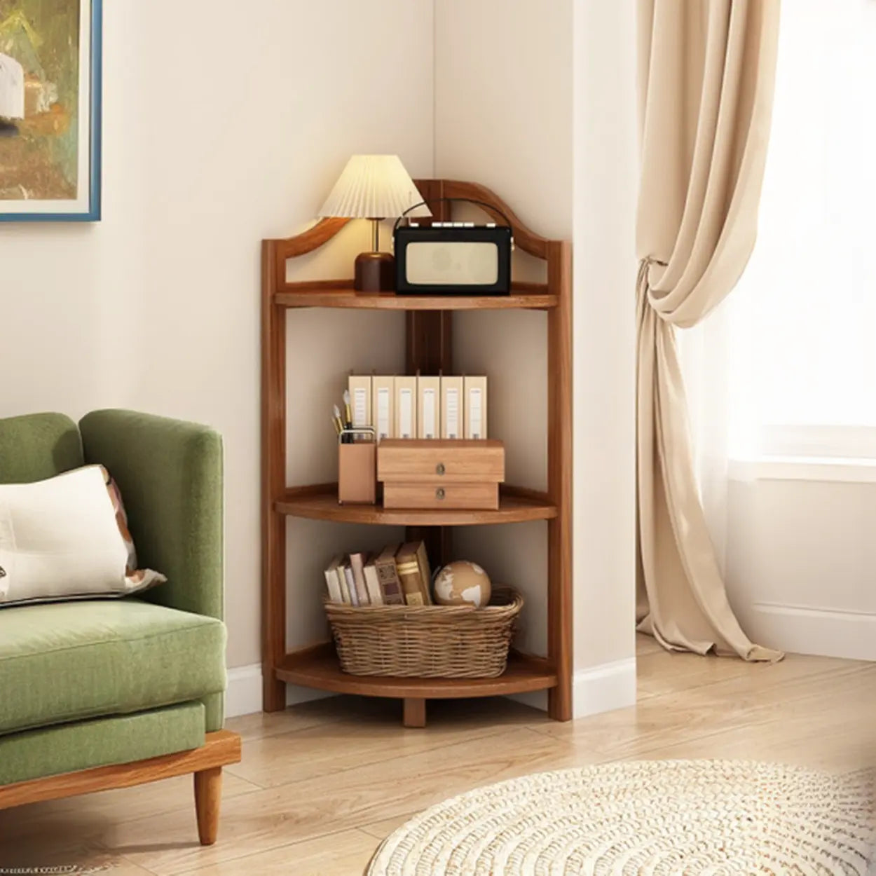 Natural Wood Corner Bookshelf — Natural Finish