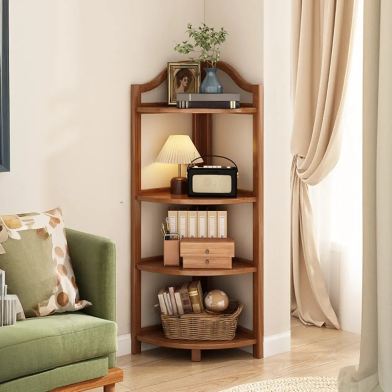 Natural Wood Corner Bookshelf — Red