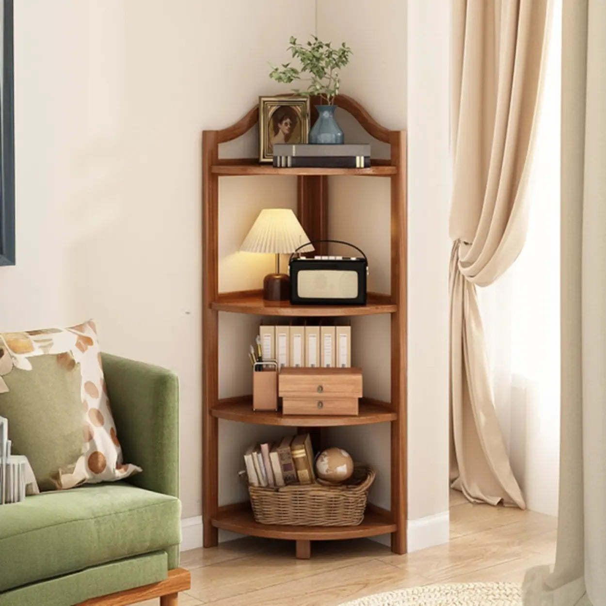 Natural Wood Corner Bookshelf — Red