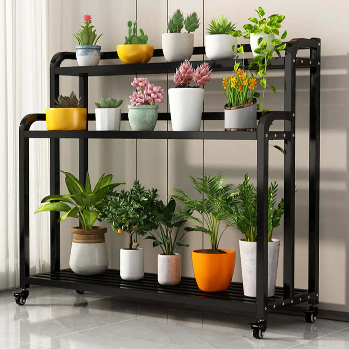 Black Rectangular 3-Tier Metal Sliding Plant Stand