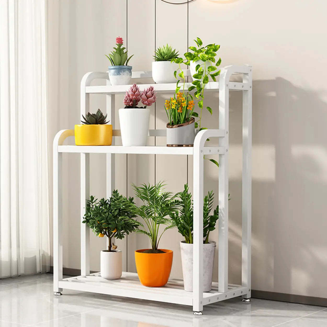 Black Rectangular 3-Tier Metal Sliding Plant Stand — Casters Included / White-Black