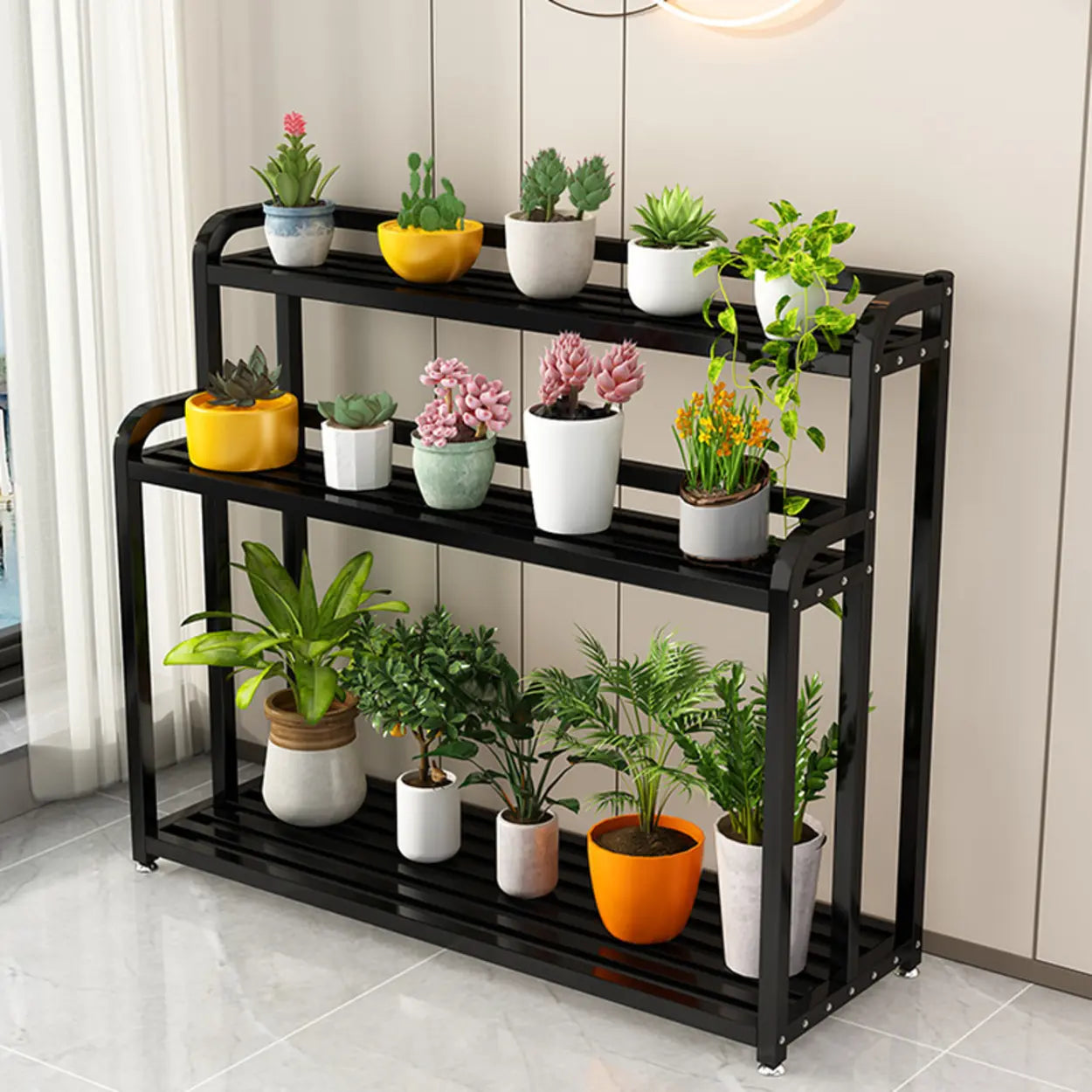 Black Rectangular 3-Tier Metal Sliding Plant Stand — Casters Included / Black