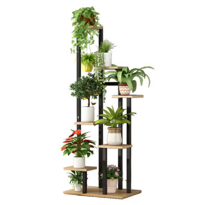 Minimalist White Multi-Tier Wood Tray Plant Stand — Black/ Light Walnut