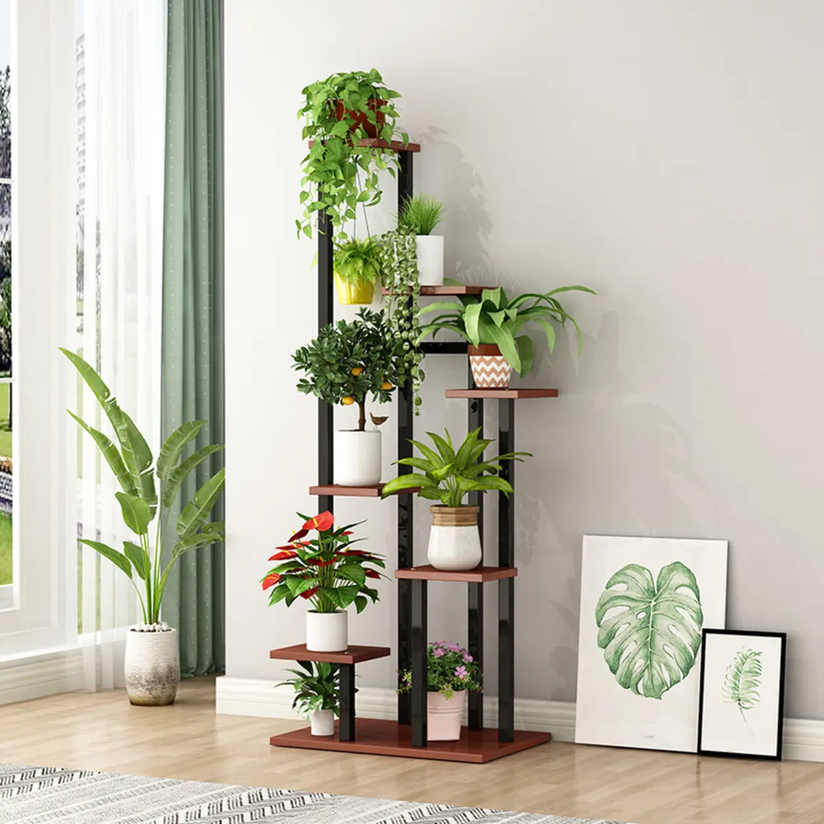 Minimalist White Multi-Tier Wood Tray Plant Stand — Black-Brown