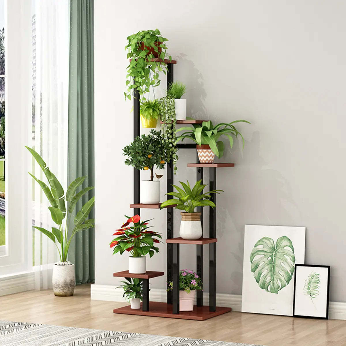 Minimalist White Multi-Tier Wood Tray Plant Stand — Black-Brown