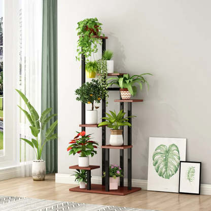 Minimalist White Multi-Tier Wood Tray Plant Stand — Black-Brown
