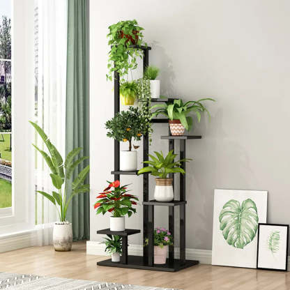 Minimalist White Multi-Tier Wood Tray Plant Stand — Black-White