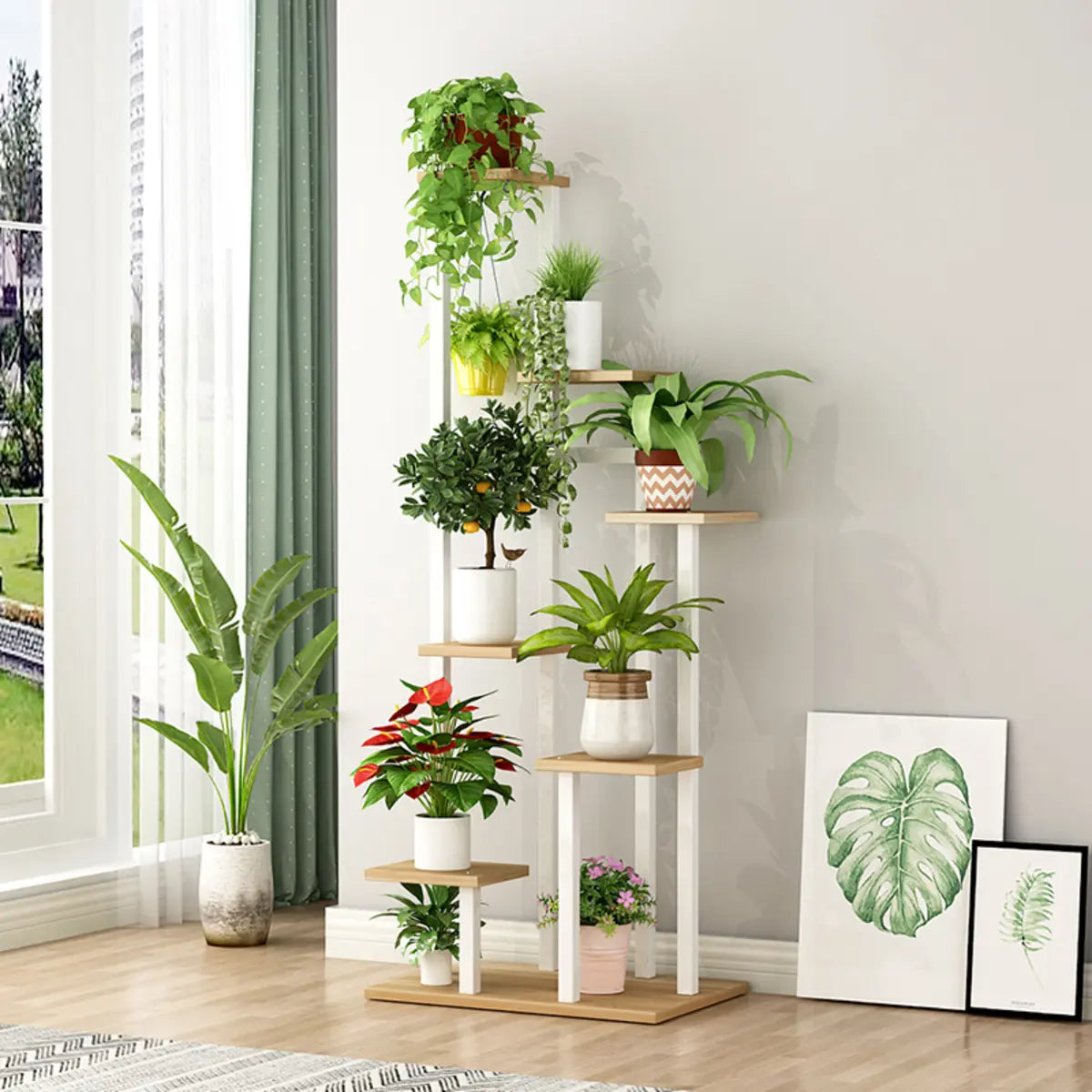 Minimalist White Multi-Tier Wood Tray Plant Stand — Black/ Light Walnut