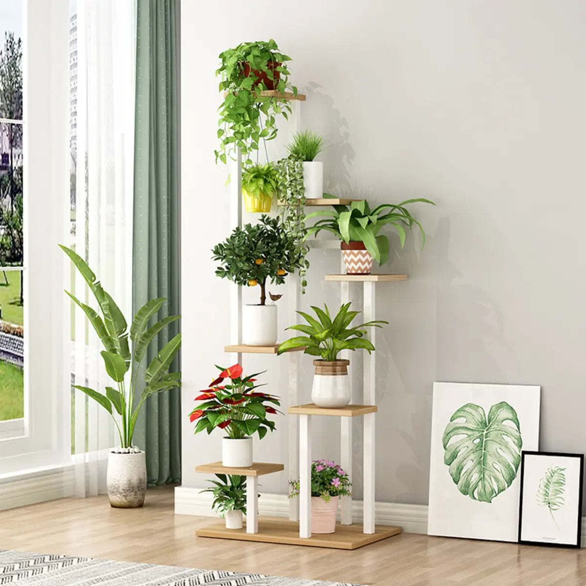 Minimalist White Multi-Tier Wood Tray Plant Stand — Black/ Light Walnut