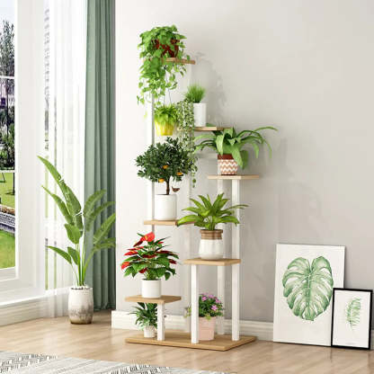 Minimalist White Multi-Tier Wood Tray Plant Stand — Black/ Light Walnut