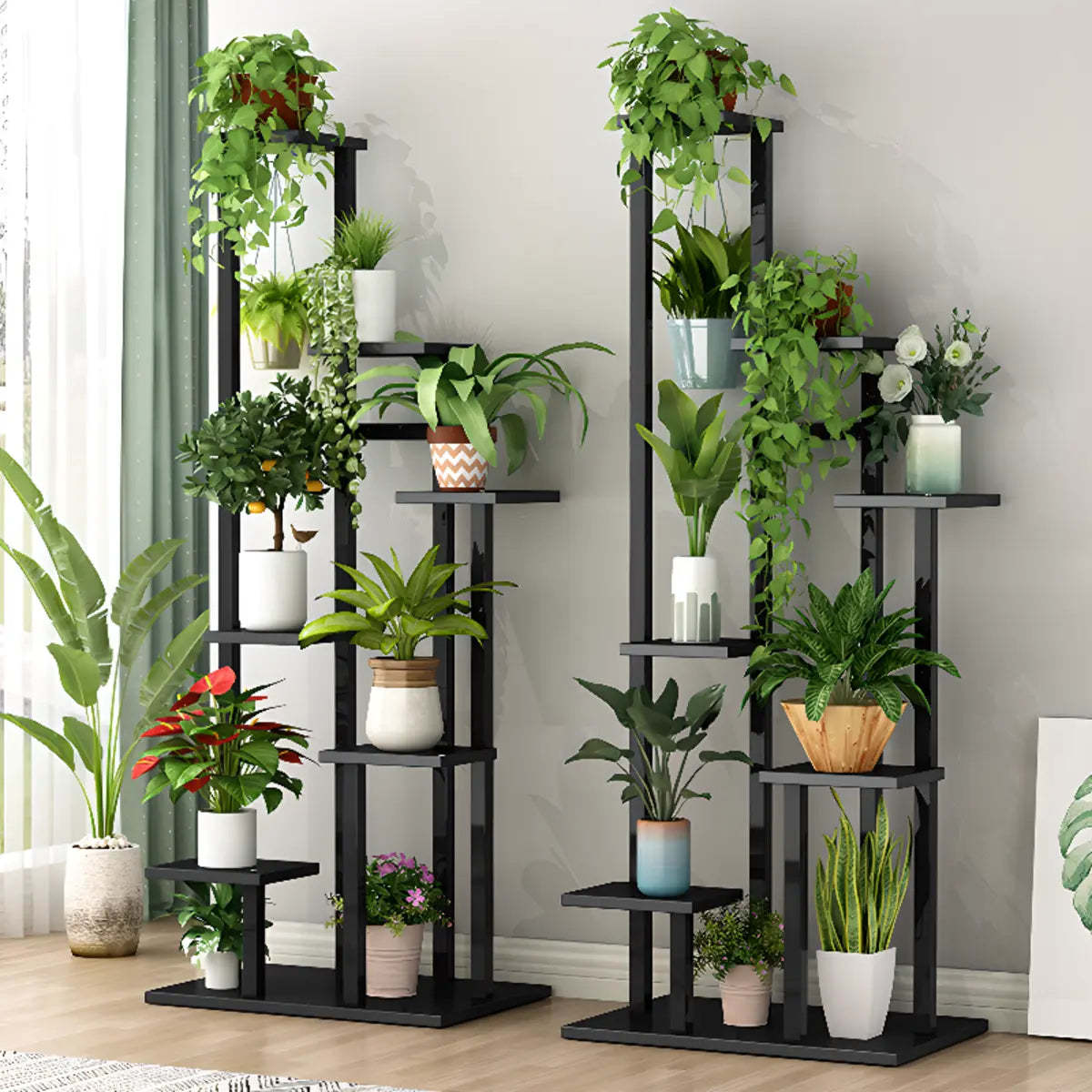 Minimalist White Multi-Tier Wood Tray Plant Stand — Black-Brown