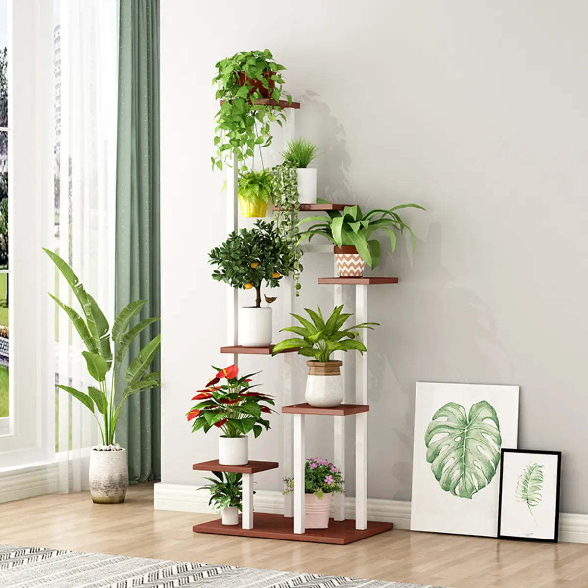 Minimalist White Multi-Tier Wood Tray Plant Stand — Black-White