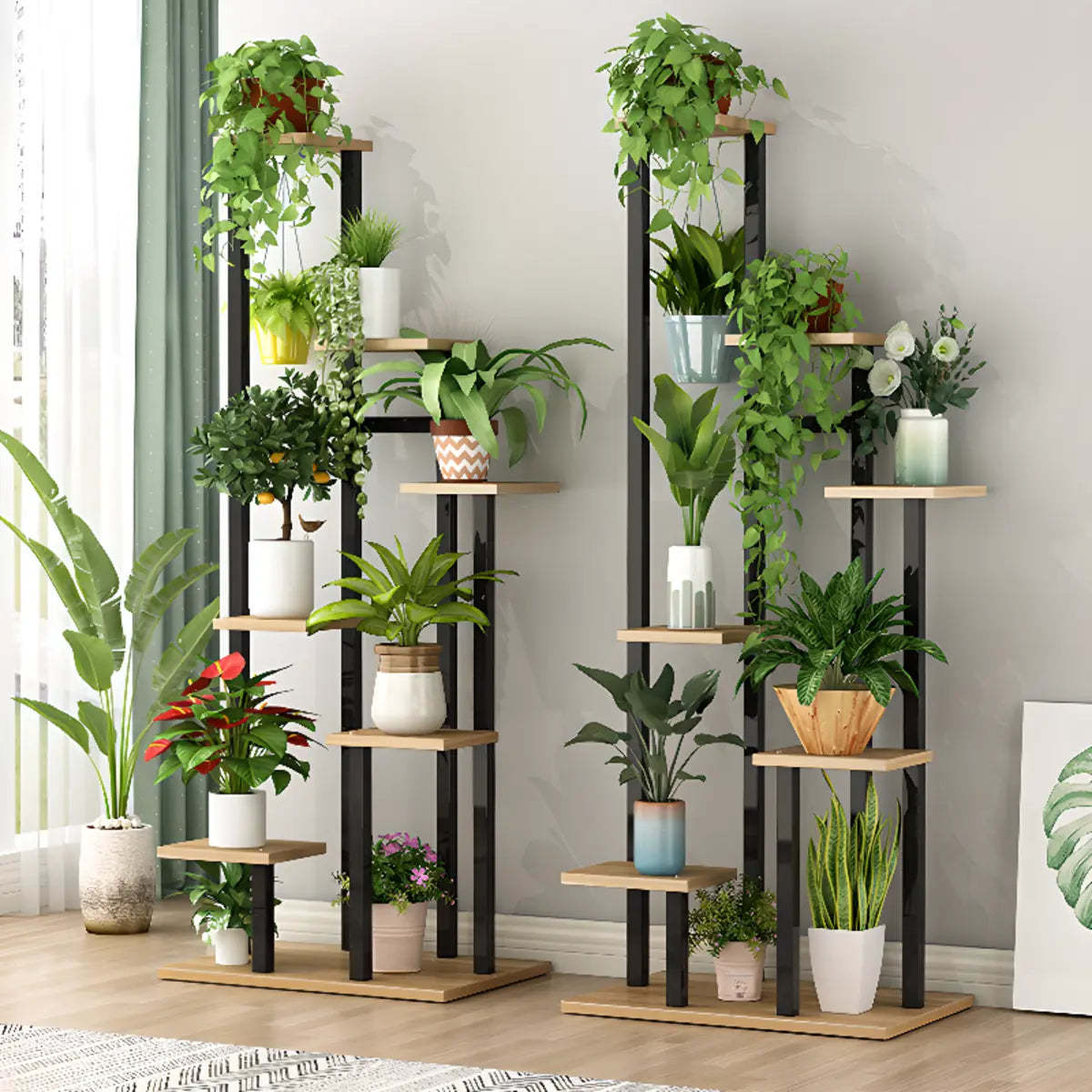 Minimalist White Multi-Tier Wood Tray Plant Stand — White/ Light Walnut