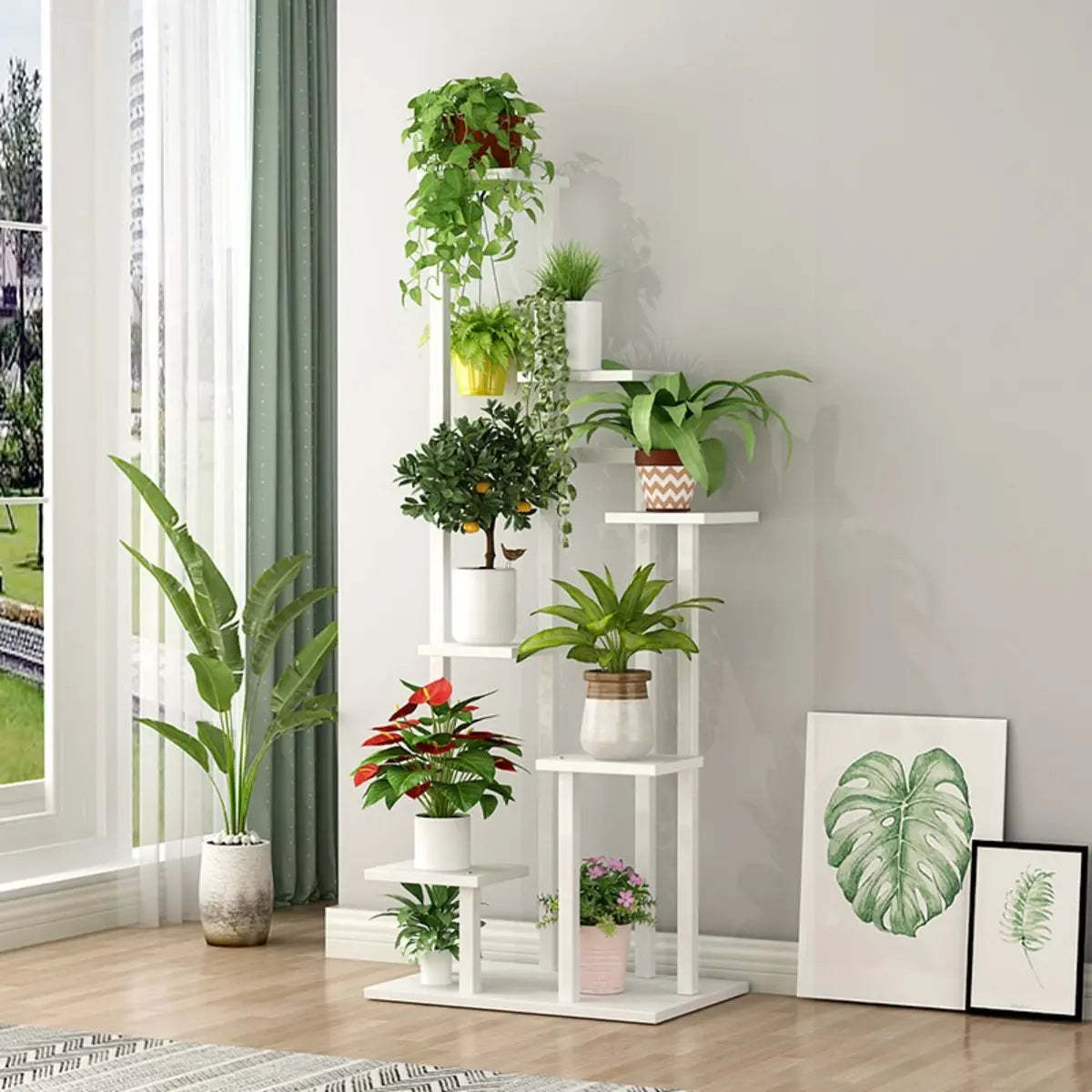 Minimalist White Multi-Tier Wood Tray Plant Stand — White-Black