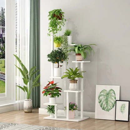 Minimalist White Multi-Tier Wood Tray Plant Stand — White-Black