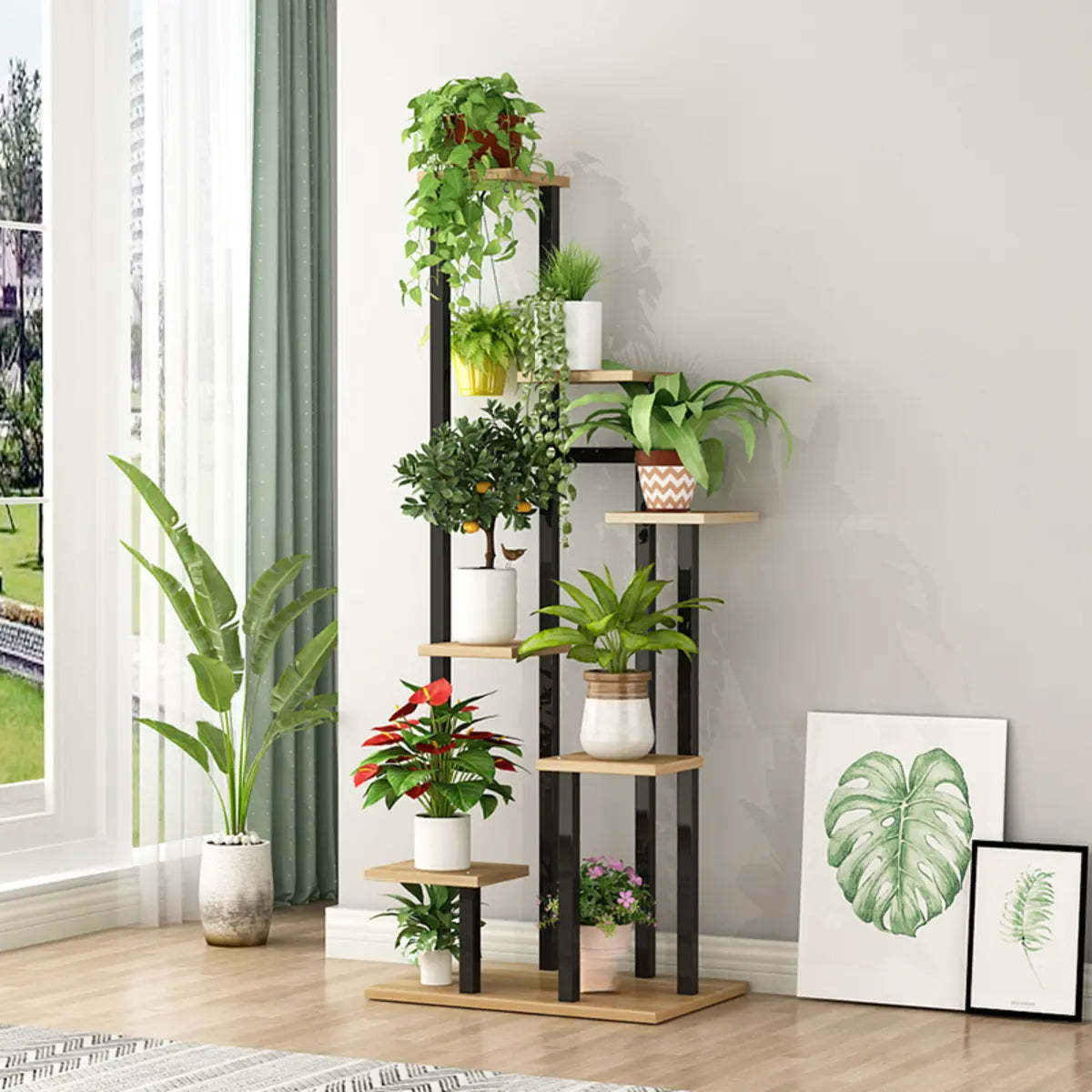 Minimalist White Multi-Tier Wood Tray Plant Stand — Black