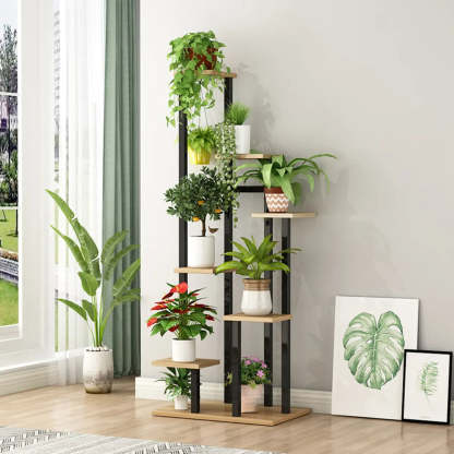 Minimalist White Multi-Tier Wood Tray Plant Stand — Black