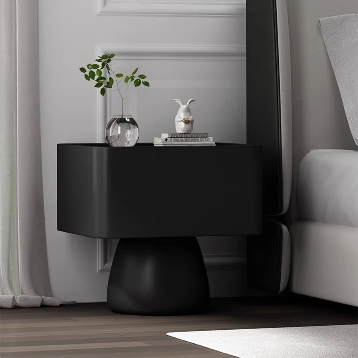 Simple Rectangular Black Wood Single-Drawer Nightstand — Black / Glass