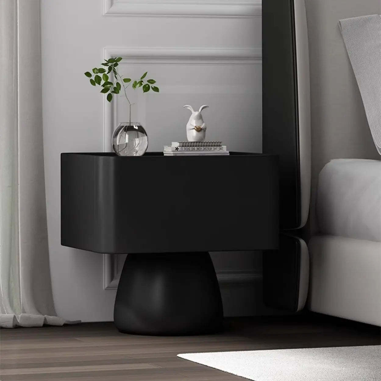 Simple Rectangular Black Wood Single-Drawer Nightstand — Black / Glass