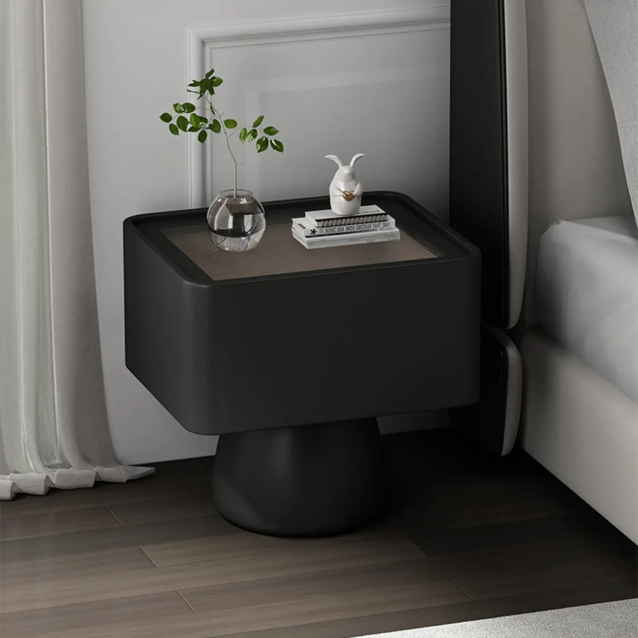 Simple Rectangular Black Wood Single-Drawer Nightstand — Black / Genuine Leather