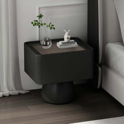 Simple Rectangular Black Wood Single-Drawer Nightstand — Black / Genuine Leather