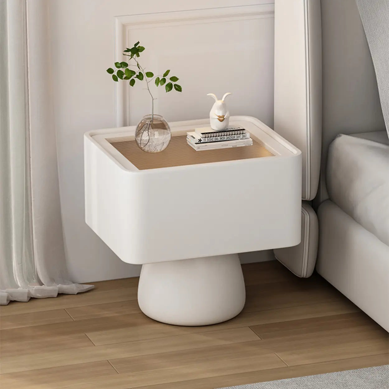 Simple Rectangular Black Wood Single-Drawer Nightstand — White / Glass