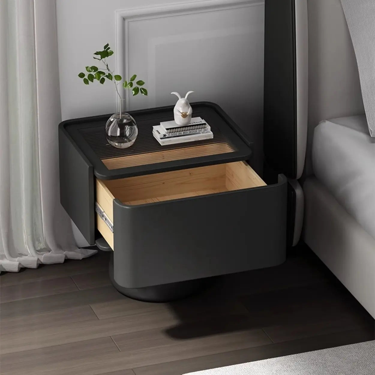 Simple Rectangular Black Wood Single-Drawer Nightstand — White / Genuine Leather