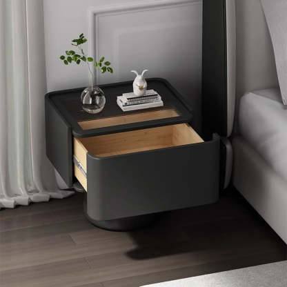 Simple Rectangular Black Wood Single-Drawer Nightstand — White / Genuine Leather