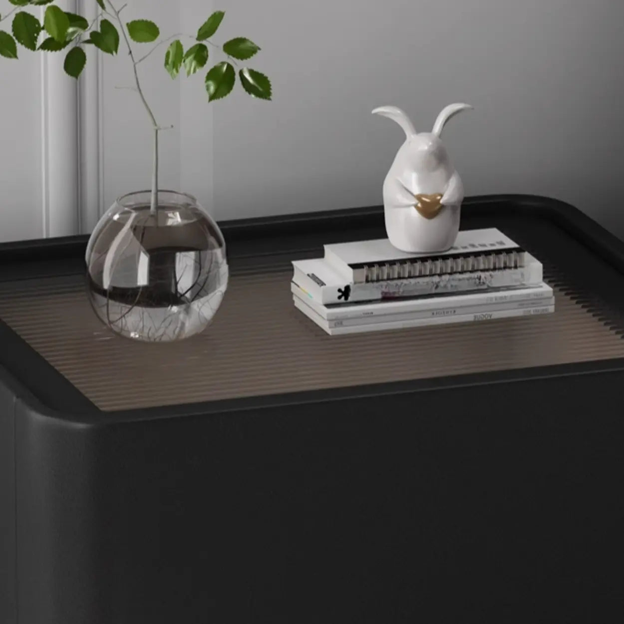 Simple Rectangular Black Wood Single-Drawer Nightstand — Light Gray / Genuine Leather