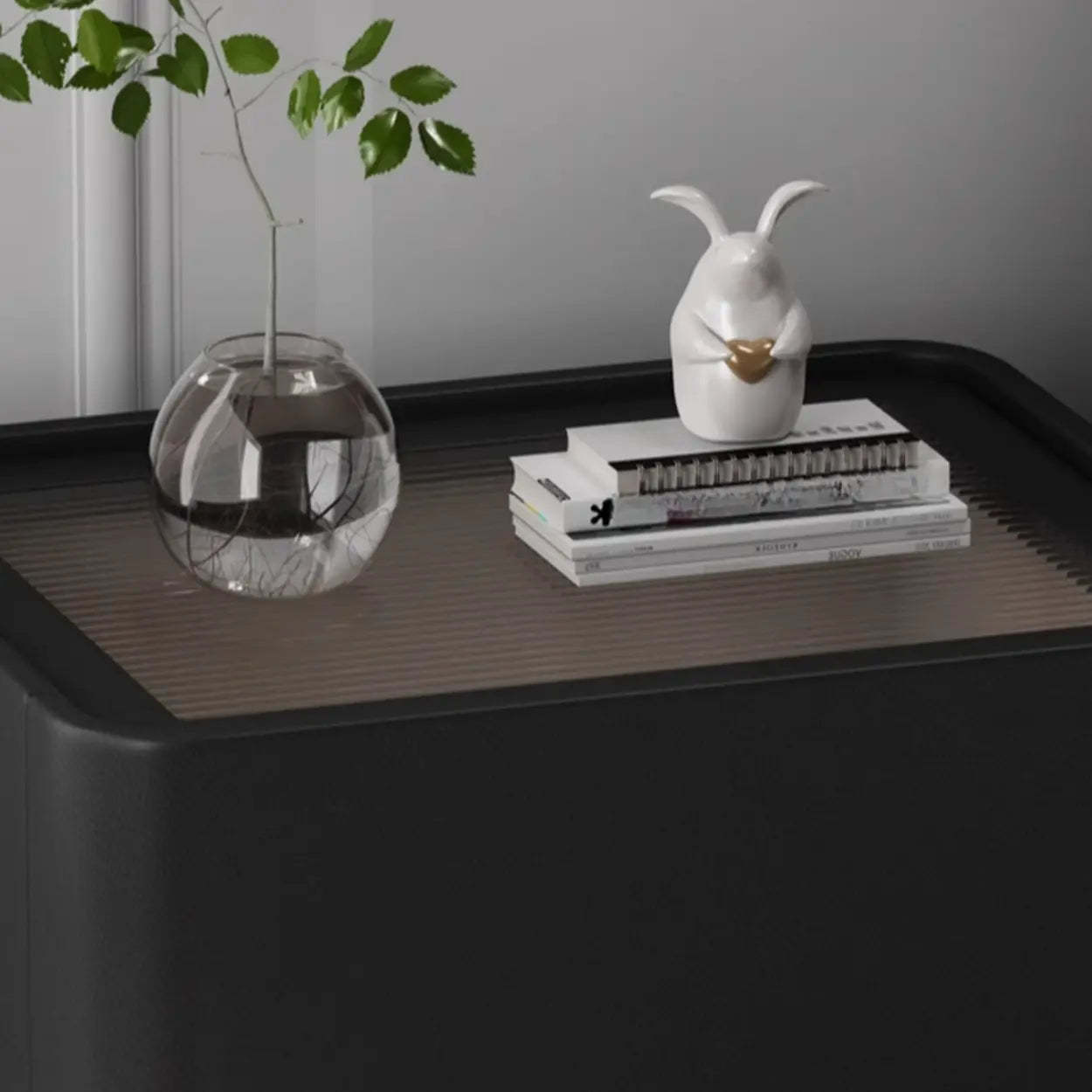 Simple Rectangular Black Wood Single-Drawer Nightstand — Light Gray / Genuine Leather
