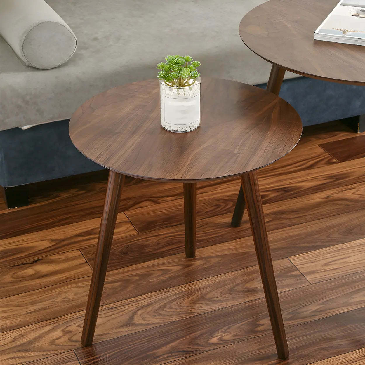 Simple Round Espresso Wood Three-Leg End Table — 1