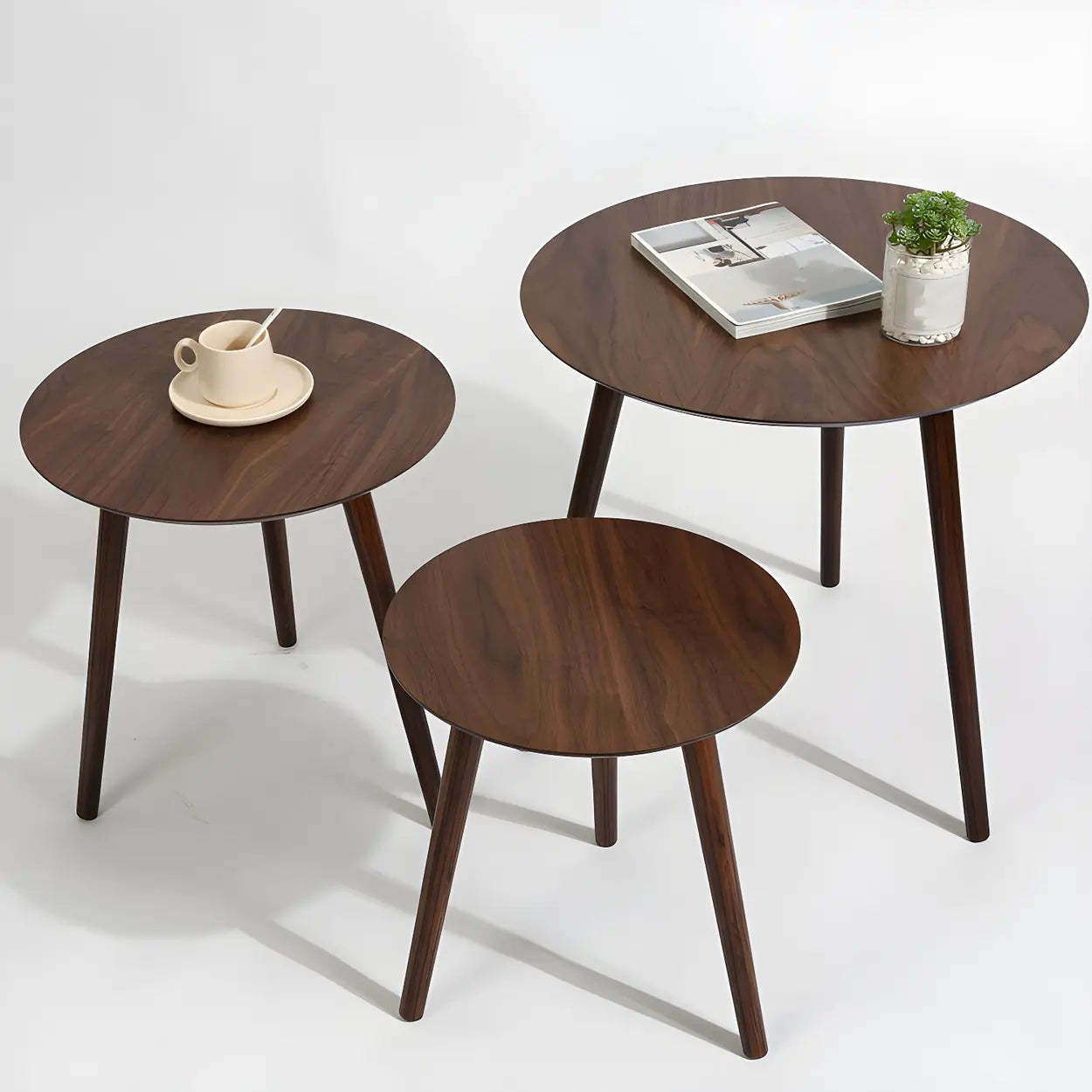 Simple Round Espresso Wood Three-Leg End Table — 2