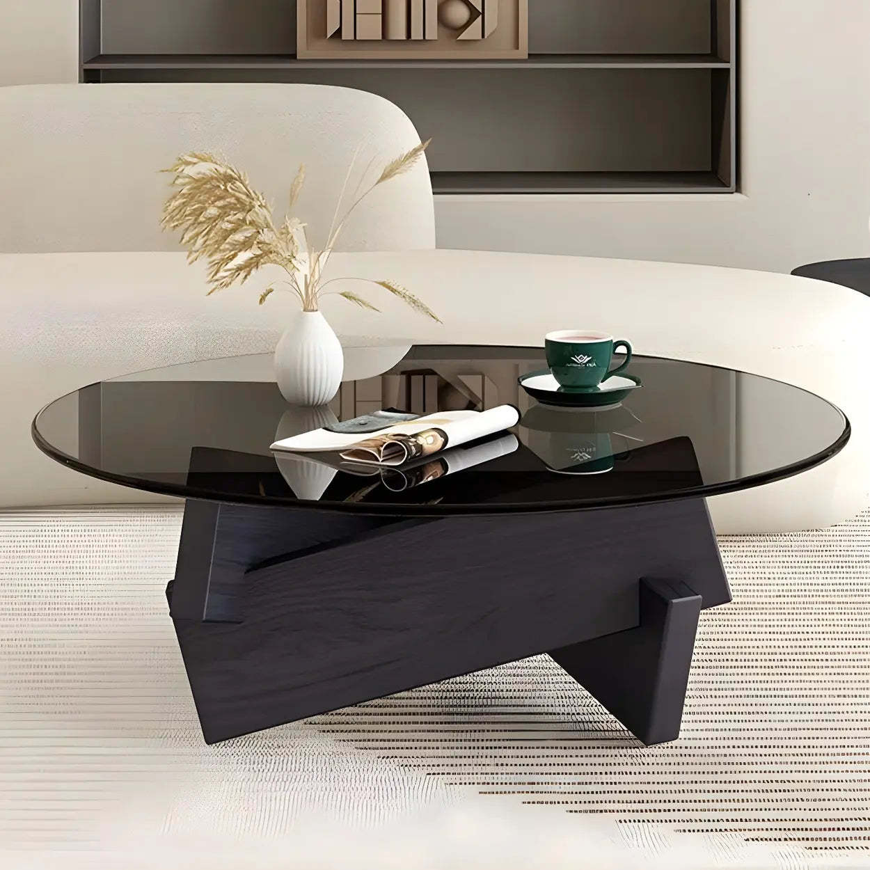 Round Glass Abstract Wood Base Coffee Table — Clear / Black