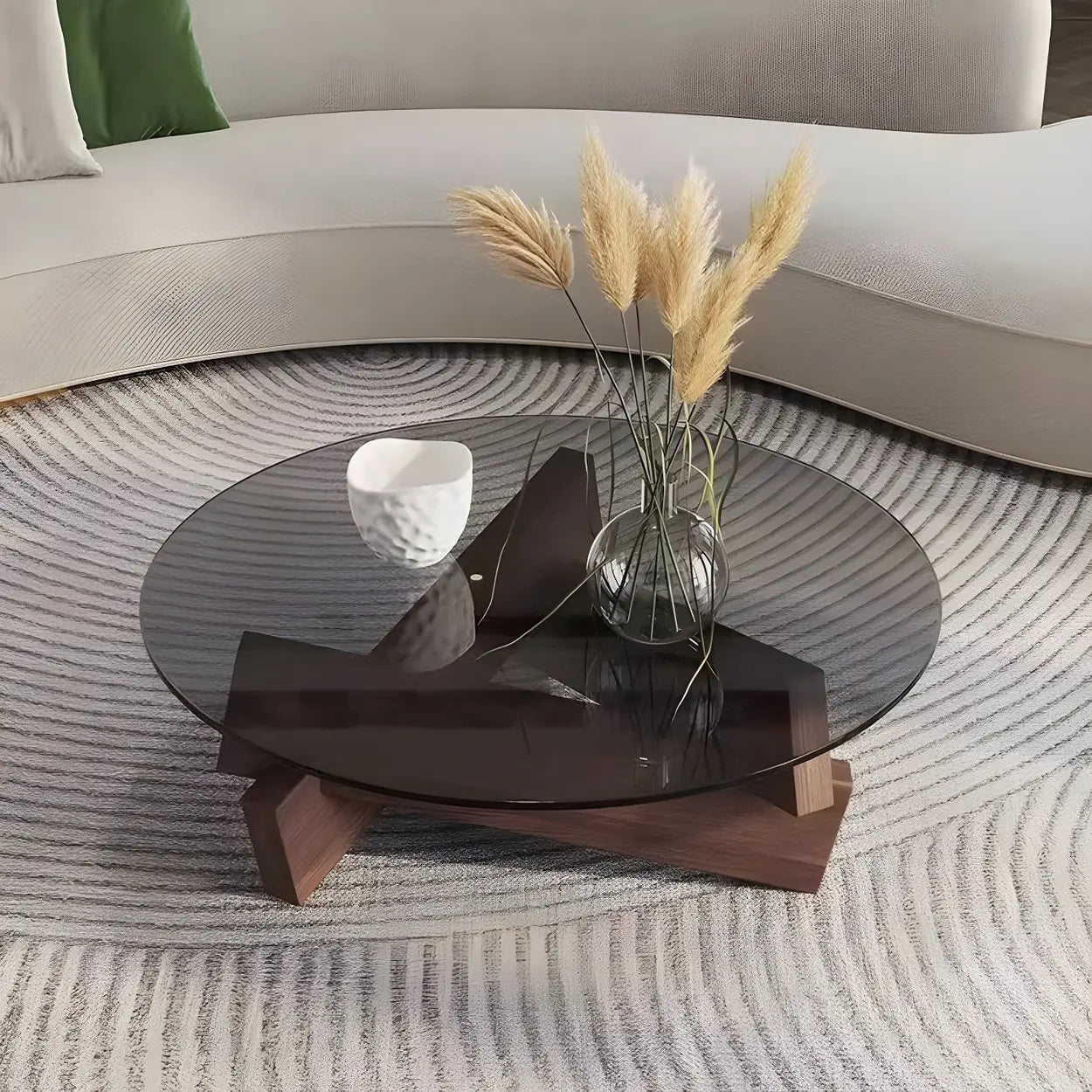 Round Glass Abstract Wood Base Coffee Table — Tawny / Walnut