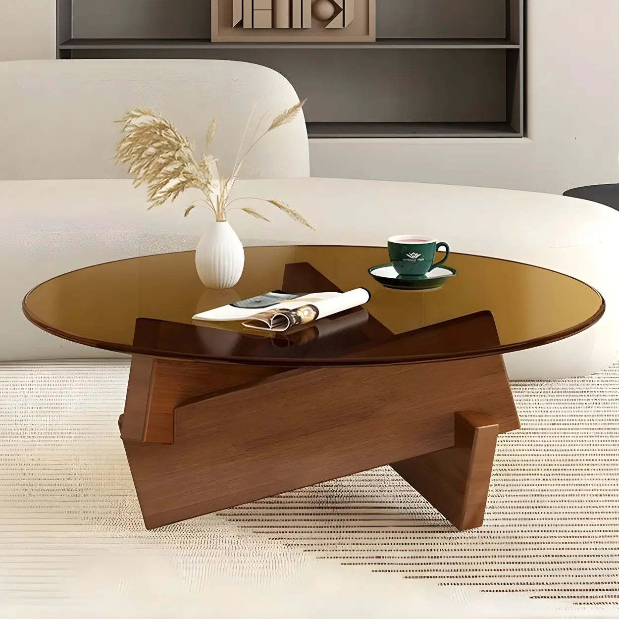Round Glass Abstract Wood Base Coffee Table — Gray / Walnut