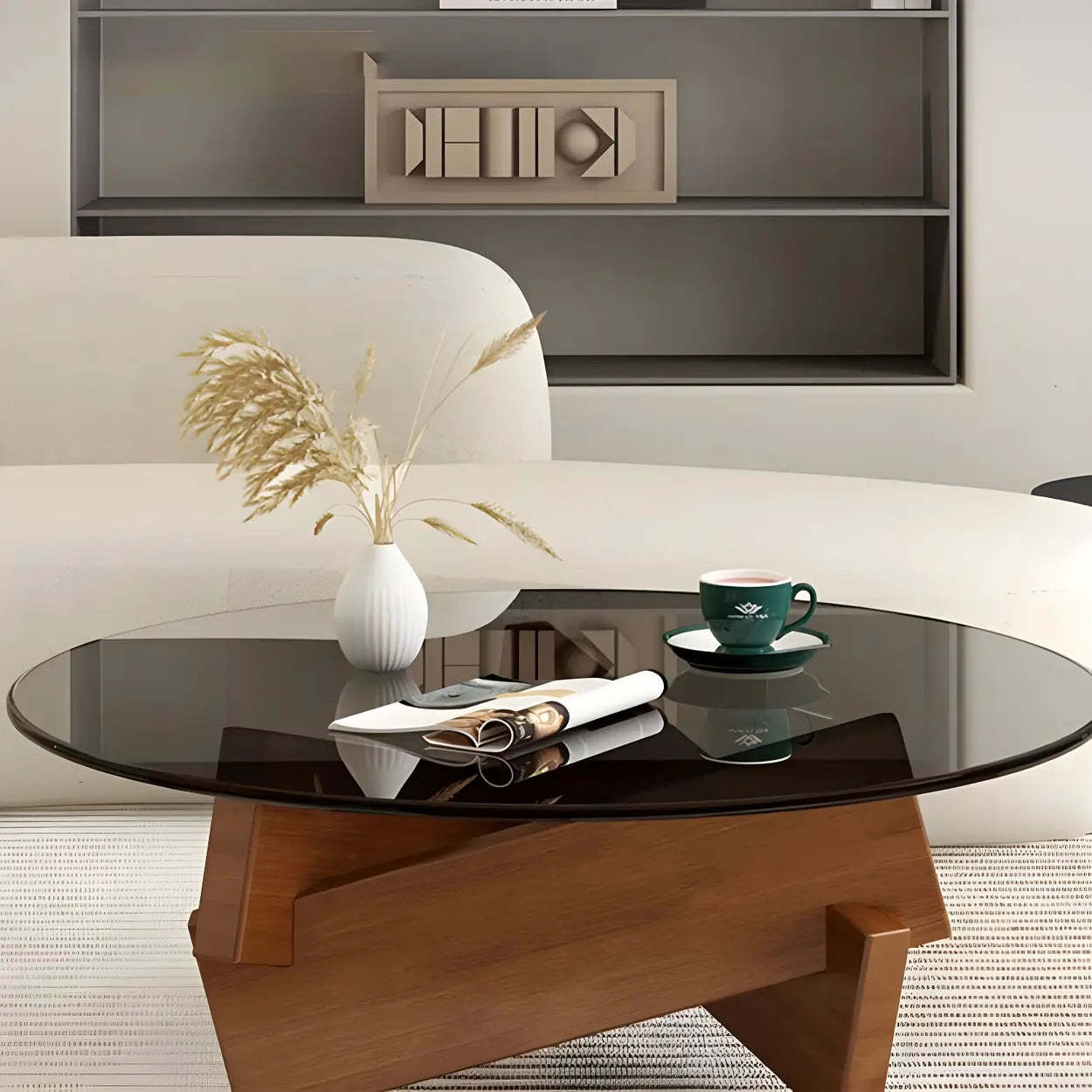 Round Glass Abstract Wood Base Coffee Table — Tawny / Black